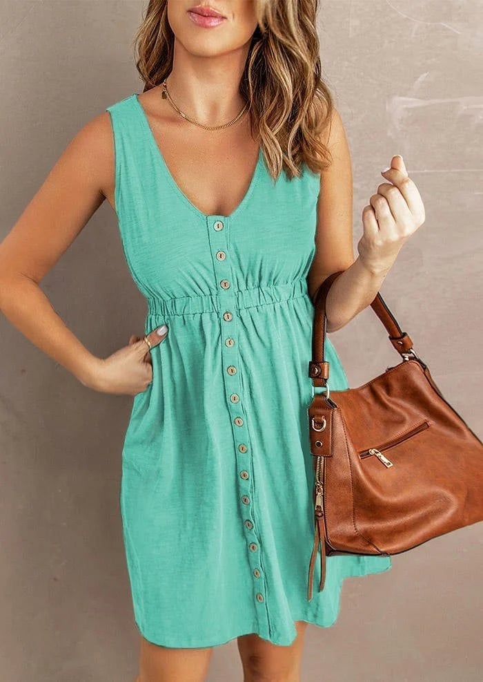 Slit Button Sleeveless Mini Dress