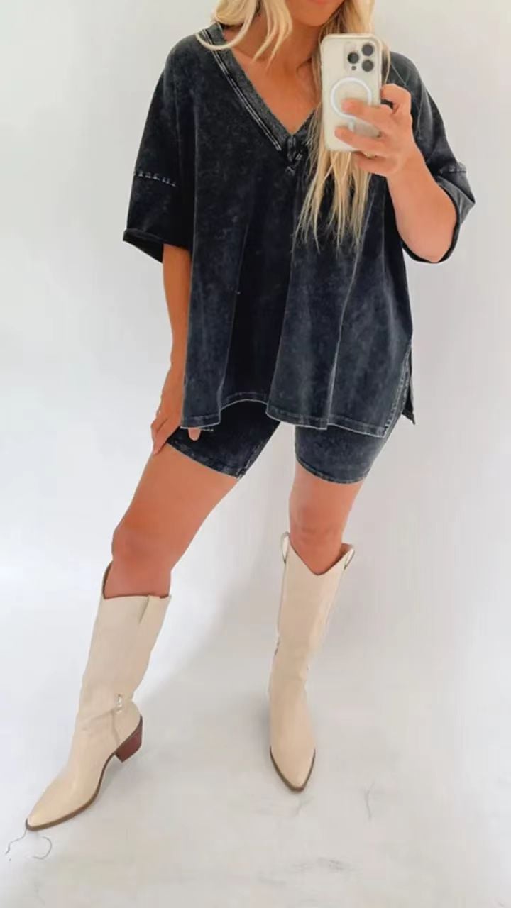 V-neck imitation denim suit short sleeve