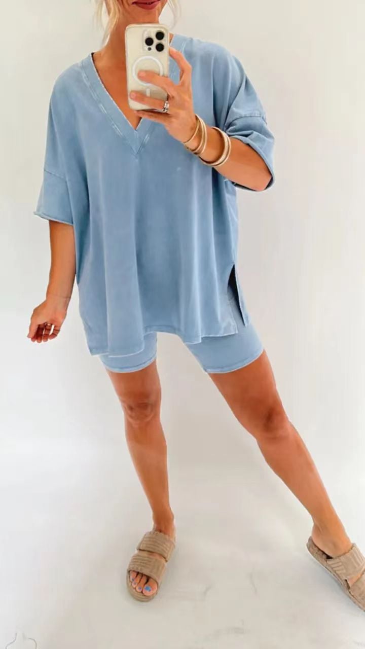 V-neck imitation denim suit short sleeve
