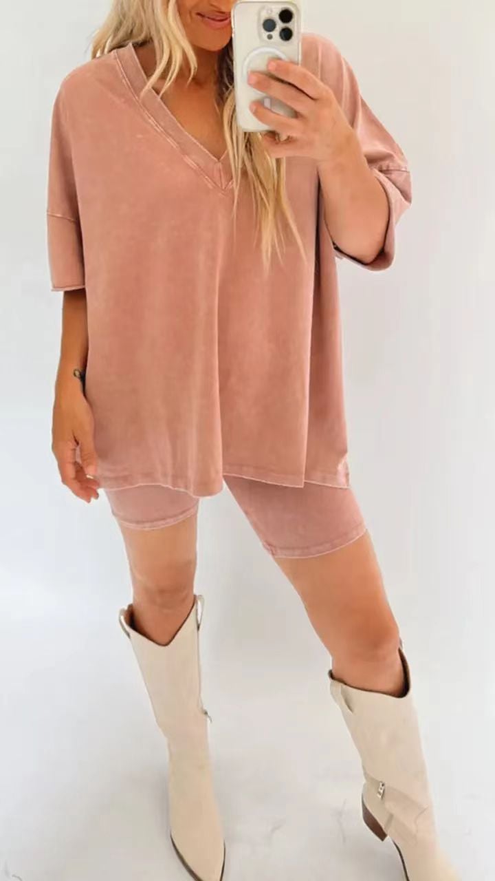 V-neck imitation denim suit short sleeve