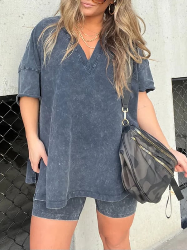 V-neck imitation denim suit short sleeve