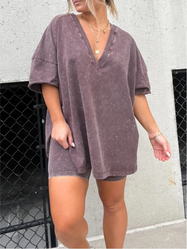 V-neck imitation denim suit short sleeve