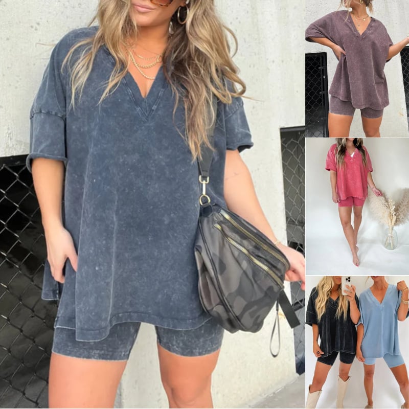 V-neck imitation denim suit short sleeve